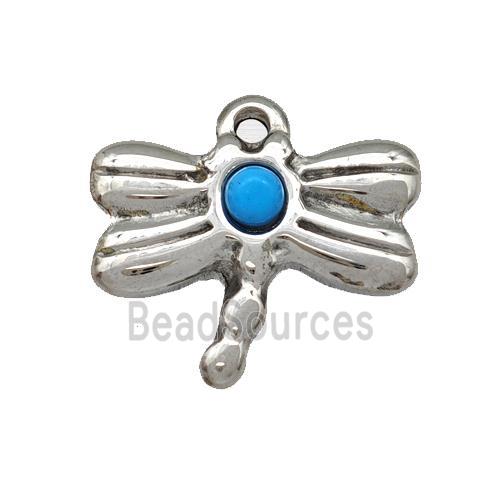 Raw Stainless Steel Dragonfly Pendant Pave Blue Synthetic Turquoise