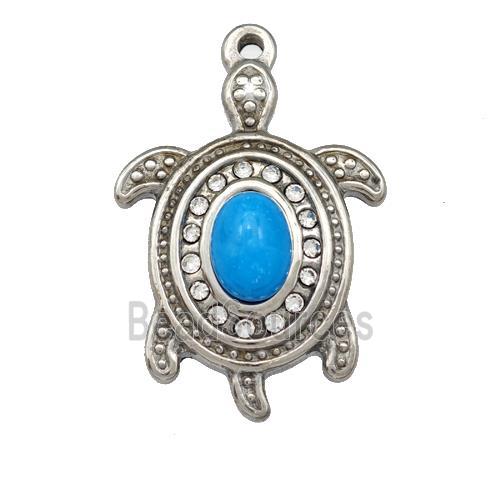 Raw Stainless Steel Tortoise Pendant Pave Blue Synthetic Turquoise Rhinestone