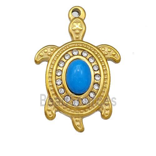 Stainless Steel Tortoise Pendant Pave Blue Synthetic Turquoise Rhinestone Gold Plated