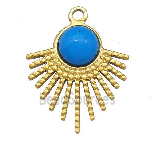 Stainless Steel Pendant Pave Blue Synthetic Turquoise Gold Plated