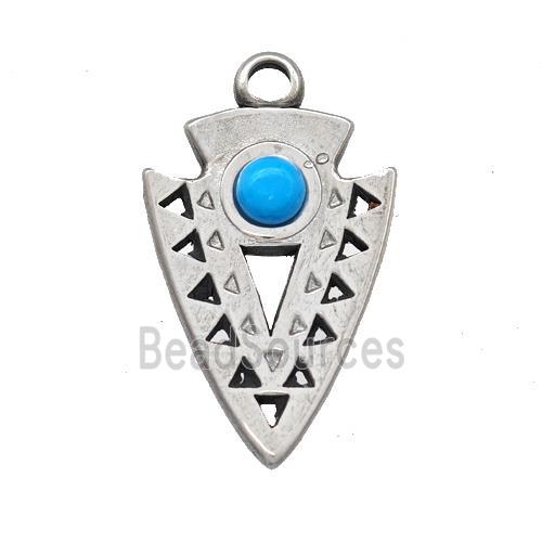 Raw Stainless Steel Arrowhead Pendant Pave Blue Synthetic Turquoise