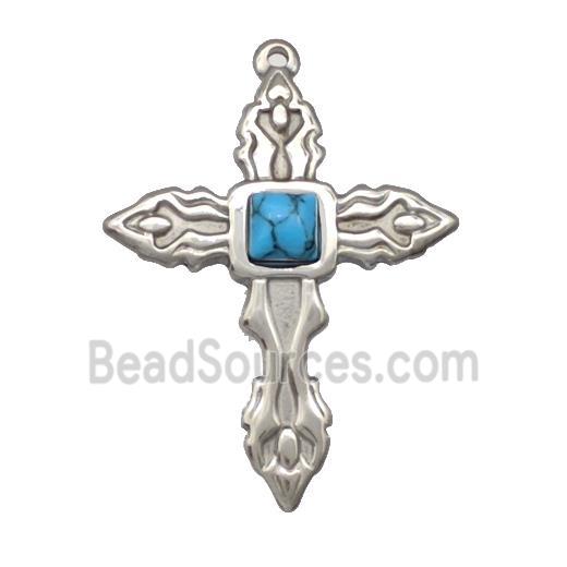 Raw Stainless Steel Cross Pendant Pave Blue Synthetic Turquoise