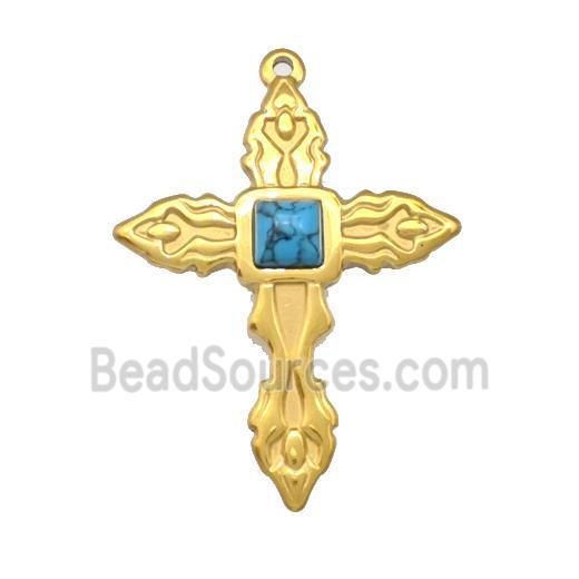 Stainless Steel Cross Pendant Pave Blue Synthetic Turquoise Gold Plated