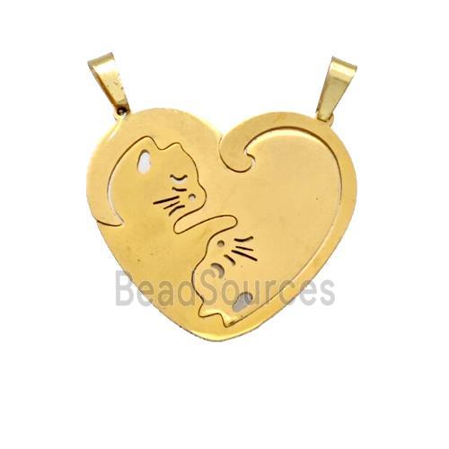 Stainless Steel Couple Heart Pendant Cat 2loops Gold Plated