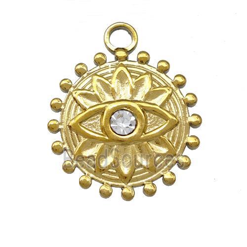 Stainless Steel Eye Pendant Pave Rhinestone Circle Flower Gold Plated