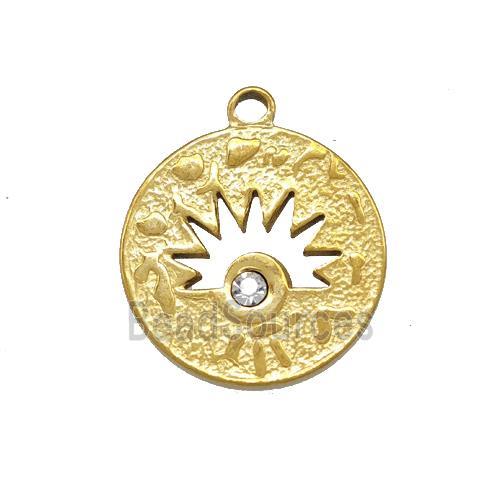 Stainless Steel Sunburst Pendant Pave Rhinestone Circle Gold Plated