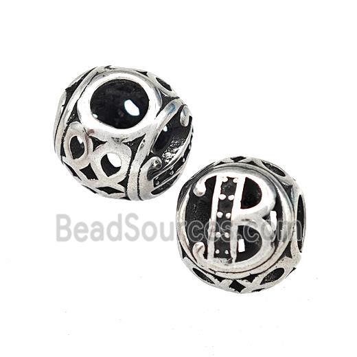 Stainless Steel Round Beads Letter-B Hollow Large Hole Antique Silver