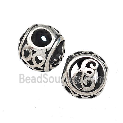 Stainless Steel Round Beads Letter-E Hollow Large Hole Antique Silver