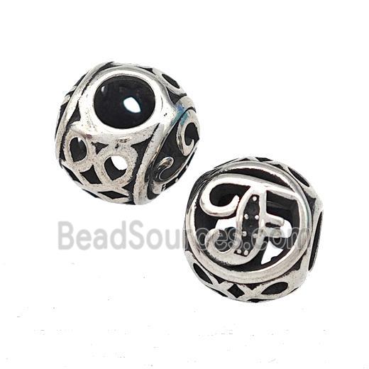 Stainless Steel Round Beads Letter-F Hollow Large Hole Antique Silver