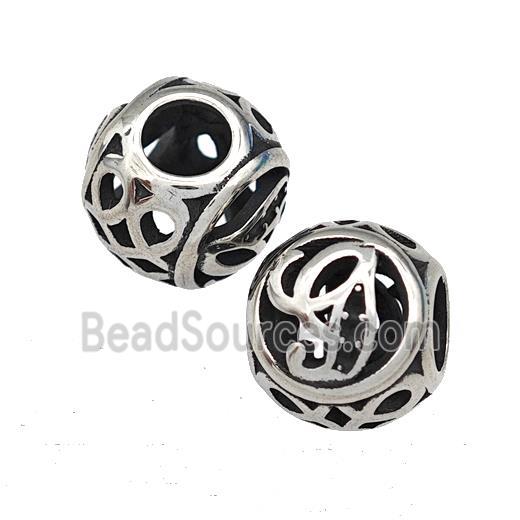 Stainless Steel Round Beads Letter-G Hollow Large Hole Antique Silver