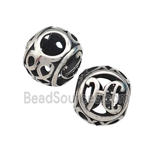 Stainless Steel Round Beads Letter-H Hollow Large Hole Antique Silver