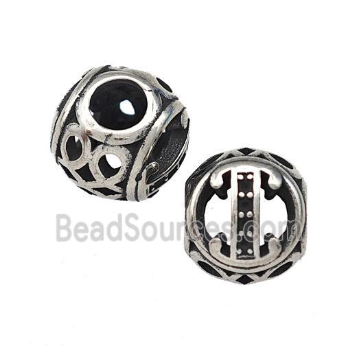 Stainless Steel Round Beads Letter-I Hollow Large Hole Antique Silver