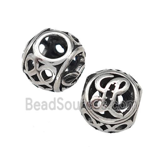 Stainless Steel Round Beads Letter-L Hollow Large Hole Antique Silver