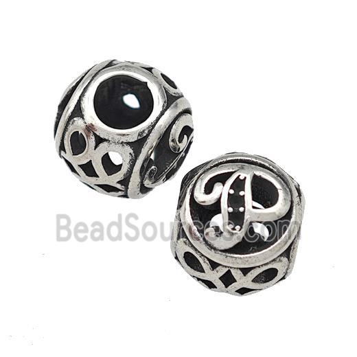 Stainless Steel Round Beads Letter-P Hollow Large Hole Antique Silver