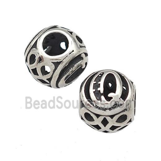 Stainless Steel Round Beads Letter-Q Hollow Large Hole Antique Silver