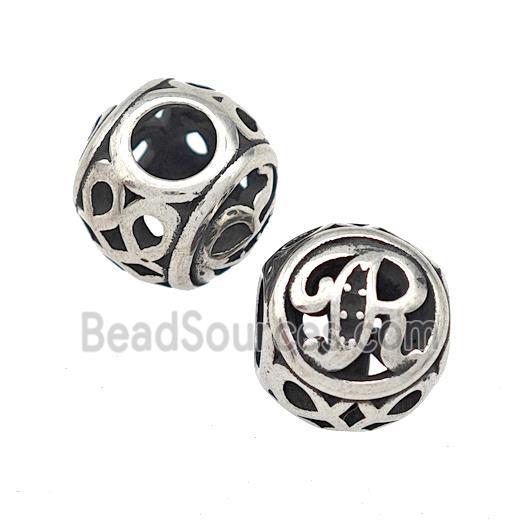 Stainless Steel Round Beads Letter-R Hollow Large Hole Antique Silver