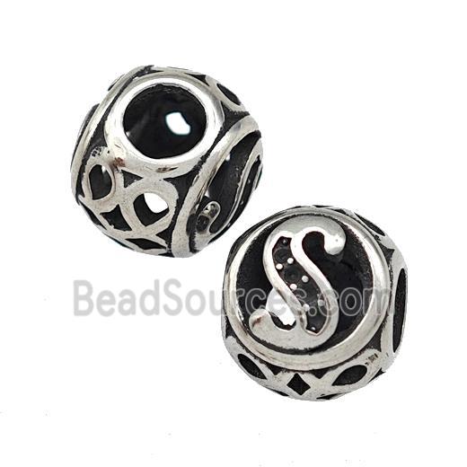 Stainless Steel Round Beads Letter-S Hollow Large Hole Antique Silver