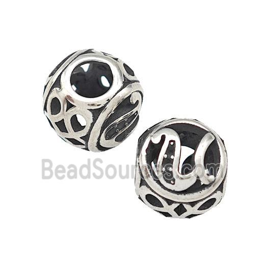 Stainless Steel Round Beads Letter-U Hollow Large Hole Antique Silver