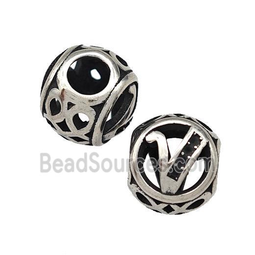 Stainless Steel Round Beads Letter-V Hollow Large Hole Antique Silver