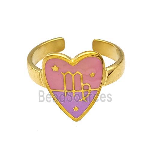 Stainless Steel Heart Rings Zodiac Virgo Pink Enamel Gold Plated