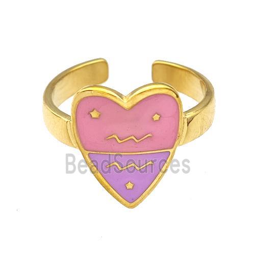 Stainless Steel Heart Rings Zodiac Aquarius Pink Enamel Gold Plated