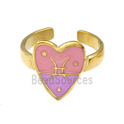 Stainless Steel Heart Rings Zodiac Pisces Pink Enamel Gold Plated