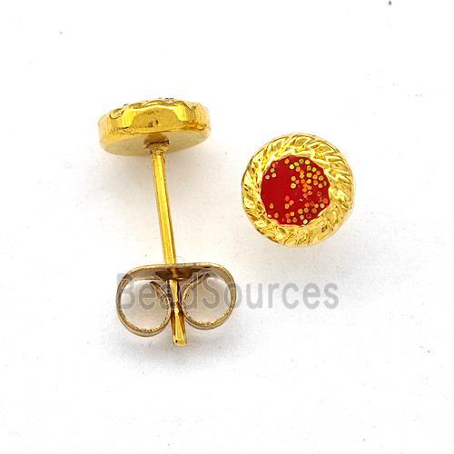 Stainless Steel Stud Earring Pave Red Fire Opal Gold Plated