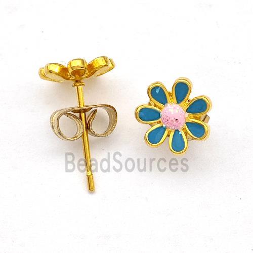 Stainless Steel Daisy Flower Stud Earring Pave Fire Opal Green Enamel Gold Plated