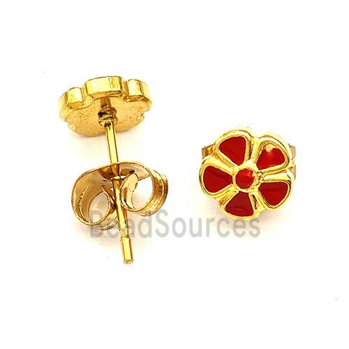 Stainless Steel Flower Stud Earring Red Enamel Gold Plated