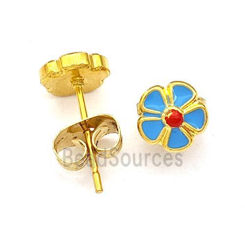 Stainless Steel Flower Stud Earring Blue Enamel Gold Plated