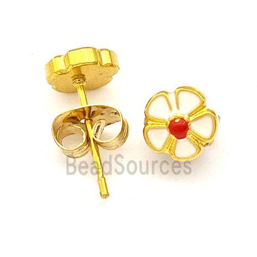 Stainless Steel Flower Stud Earring White Enamel Gold Plated