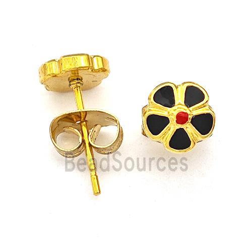 Stainless Steel Flower Stud Earring Black Enamel Gold Plated