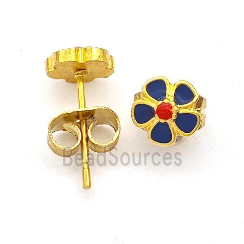 Stainless Steel Flower Stud Earring Navyblue Enamel Gold Plated