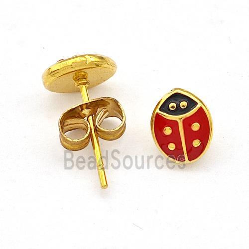 Stainless Steel Beetle Stud Earring Red Enamel Gold Plated