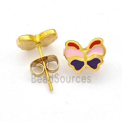 Stainless Steel Butterfly Stud Earring Multicolor Enamel Gold Plated