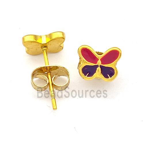 Stainless Steel Butterfly Stud Earring Multicolor Enamel Gold Plated