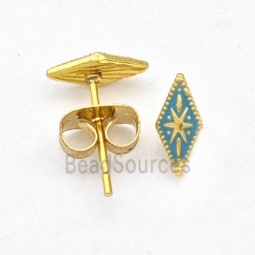 Stainless Steel Compass Stud Earring Green Enamel Gold Plated