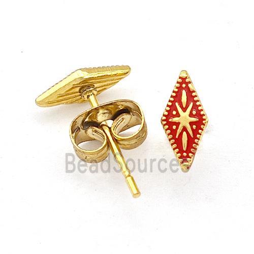 Stainless Steel Compass Stud Earring Red Enamel Gold Plated