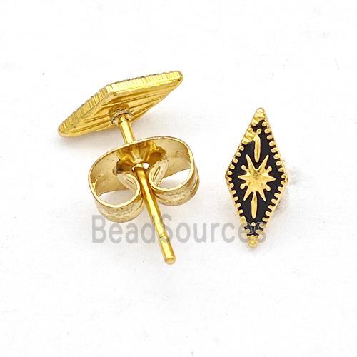 Stainless Steel Compass Stud Earring Black Enamel Gold Plated