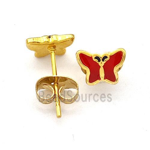 Stainless Steel Butterfly Stud Earring Red Enamel Gold Plated