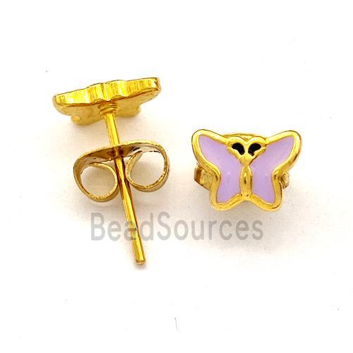 Stainless Steel Butterfly Stud Earring Lavender Enamel Gold Plated