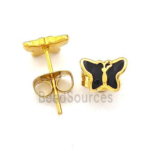 Stainless Steel Butterfly Stud Earring Black Enamel Gold Plated