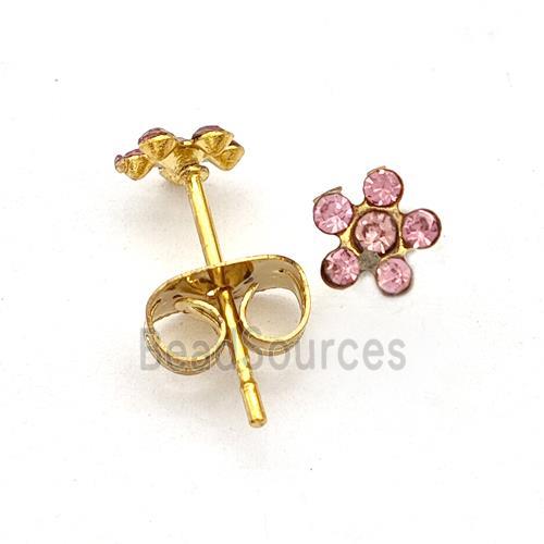 Stainless Steel Flower Stud Earring Pave Pink Rhinestone Gold Plated