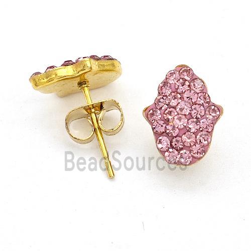 Stainless Steel Hand Stud Earring Pave Pink Rhinestone Gold Plated