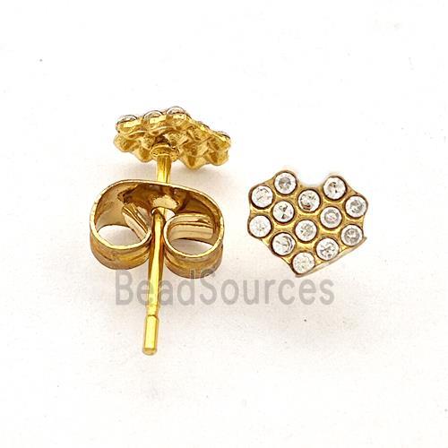 Stainless Steel Heart Stud Earring Pave Rhinestone Gold Plated