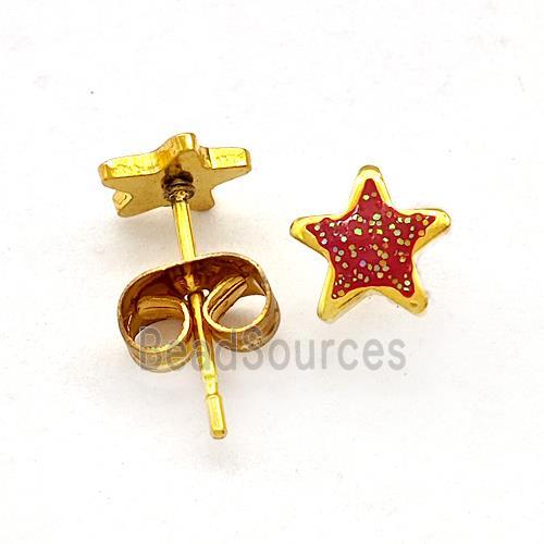 Stainless Steel Star Stud Earring Pave Red Fire Opal Gold Plated