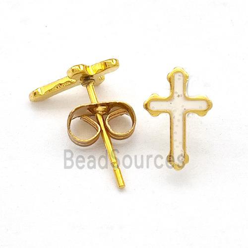 Stainless Steel Cross Stud Earring Pave Fire Opal Gold Plated