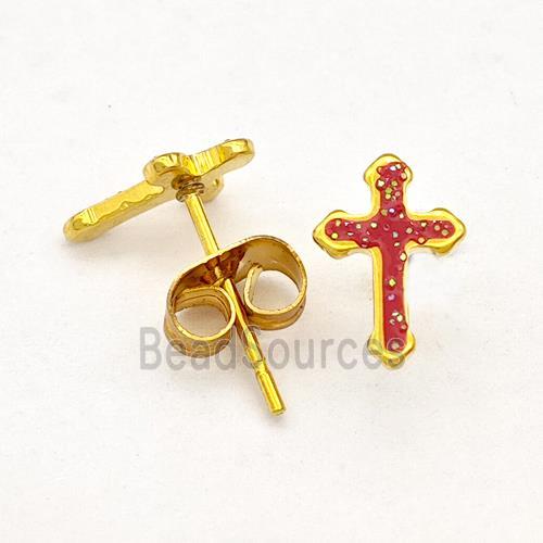 Stainless Steel Cross Stud Earring Pave Fire Opal Gold Plated