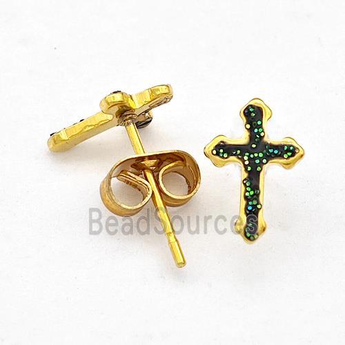 Stainless Steel Cross Stud Earring Pave Fire Opal Gold Plated