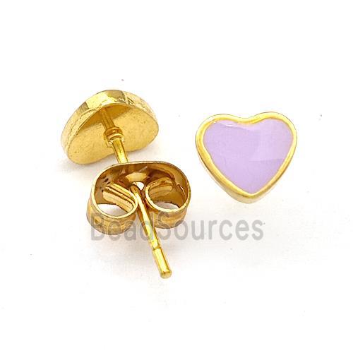 Stainless Steel Heart Stud Earring Lavender Enamel Gold Plated